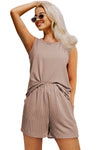 Black Corded Sleeveless Top and Pocketed Shorts Set
