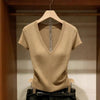 Solid Color Ice Silk Knit Top for Women – Slim-Fit Short Sleeve Elegant Commuter Top by FitiqueFit