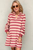 Deep Rose Full Size Striped Contrast Collared Neck Long Sleeve Dress Modern & Stylish Women’s Wear by Stevvex