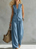 Women's Solid Linen Sleeveless Tank Top & Full-Length Pants Set by FitiqueFit