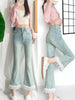Light Blue Micro-Flare Lace Stretch Jeans for Women by FitiqueFit