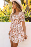 White Floral Print Bow Knot Backless Square Neck Mini Dress