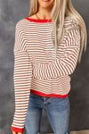 Pink Contrast Trimmed Striped Drop Shoulder Sweater