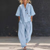 V-Neck Short Sleeve Top & High-Waist Trousers Two-Piece Set by FitiqueFit