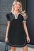 Black Leopard Trim Notched Neck Short Puff Sleeve Shift Mini Dress by Wild and Free Boutique