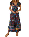 V-neck Split Bohemian Print Dress
