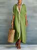 Color-Block Shirt Maxi Dress – Women's Loose Button-Front Long Dress with Contrast Collar by FitiqueFit