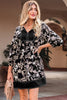 Black 3/4 Sleeve Botanical Print Split Neck Loose Mini Dress by Wild and Free Boutique