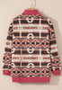 Retro Unique Geometric Print Corduroy Trim Button-Up Jacket Classic Modern Deep Rose Jacket by Stevvex