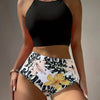 Island Bloom High Waist Bikini Set for Summer – Colorblock Tropical Print Two-Piece Swimsuit with Round Neckline Ultra-Stretch Fit & Applique Detail – Stylish and Comfortable Women’s Swimwear for Pool Beach & Summer Escapes by Stevvex