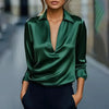 Elegant Women's V-Neck Long Sleeve Blouse With Satin Sheen Formal Shirt by FitiqueFit