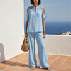 Women's Off-Shoulder Short-Sleeve Linen Blend Pantsuit Set by FitiqueFit