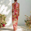 Floral Strapless Chiffon Maxi Dress – Elegant High-Waist A-Line Long Dress for Women by FitiqueFit