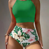 Island Bloom High Waist Bikini Set for Summer – Colorblock Tropical Print Two-Piece Swimsuit with Round Neckline Ultra-Stretch Fit & Applique Detail – Stylish and Comfortable Women’s Swimwear for Pool Beach & Summer Escapes by Stevvex