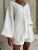 Women's Cotton Linen Shirt & Shorts Set – Long Sleeve, Button, Casual 2-Piece by FitiqueFit