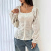 Women’s Square Neck Eyelet Lace Blouse – Puff Sleeve Hollow-Out Button Top by FitiqueFit