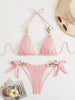 Bikini Ruched Texture Golden Chain 2 Piece Triangle Swimsuit for Women – Striped Halter Bikini Set with Bow Tie Side and Elegant Ring Link Detail – Stretchy Beachwear for Pool Bathing and Summer Vacations by Stevvex