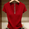 Solid Color Ice Silk Knit Top for Women – Slim-Fit Short Sleeve Elegant Commuter Top by FitiqueFit