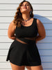 Women's Plus Size Swimdress — Black Mesh Cutout Waist & Flared Skirt by FitiqueFit