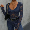Women’s Lace Long Sleeve Bodysuit – Deep V Neck Solid Top by FitiqueFit