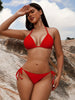 Bikini Solid Red Triangle Halter V Neck 2 Piece Swimsuit for Women – Stretchy Tie Back and Side Laced Bikini Set with Sexy Lace Up Detail – Bold Summer Swimwear for Beach Vacations Pool Parties and Sunbathing Style by Stevvex