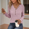 Women's Solid Color Button V-Neck Long Sleeve Knit Top by FitiqueFit