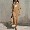 Women's V-Neck Loose Cropped-Sleeve Linen Midi Dress with Pockets by FitiqueFit