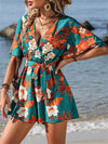 Printed Surplice Half Sleeve Tie Waist Romper