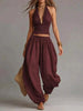 Women's Sleeveless Backless Halter Top & Wide-Leg Pants Set by FitiqueFit