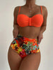 Bikini Tangerine Red Tropical Floral High Waist 2 Piece Swimsuit for Women – Stretchy Off the Shoulder Lace Up Bikini Set with Tummy Control and Customized Fit – Vibrant Summer Beachwear for Vacation Poolside and Resort Looks by Stevvex