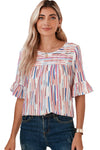 White Striped Abstract Print Ruffle Half Sleeve Blouse