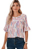 White Striped Abstract Print Ruffle Half Sleeve Blouse