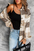 Khaki Plaid Color Block Shacket With Buttoned Pockets