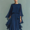 Deep Blue Ruffle Wide-Leg Pants Set – Elegant Two-Piece Batwing Sleeve Outfit for Women by FitiqueFit