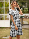 Smocked Plaid Round Neck Short Sleeve Dress