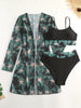 Bikini 3 Piece Tropical Print Swimsuit Set – High Stretch Comfortable Women's Bikini with Crew Neck Mesh Cover-Up – Chic Vacation Beachwear for Summer Casual Style & Poolside Glamour by Stevvex