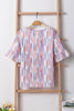 White Striped Abstract Print Ruffle Half Sleeve Blouse
