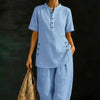 Three-Quarter Sleeve Shirt & Wide-Leg Pants Two-Piece Set – Solid Color Casual by FitiqueFit