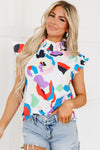 Multicolor Abstract Print Ruffle Sleeve Smocked Blouse