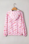Pink Floral Print Half Zip Drawstring Hoodie Kangaroo Pouch