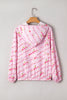 Pink Floral Print Half Zip Drawstring Hoodie Kangaroo Pouch