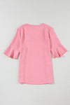 Beau Blue Ruffled Short Sleeve V Neck Textured Blouse