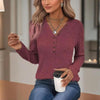 Women's Solid Color Button V-Neck Long Sleeve Knit Top by FitiqueFit