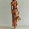 V-Neck Waist-Cinched Ruffle Hem Maxi Dress – Bodycon Long Dress in Orange by FitiqueFit