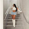 Women's Light Blue Denim Mini Skirt – Bodycon Cross-Over Buckle Design by FitiqueFit