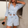 Women's Striped Shirt & High-Waist Shorts Two-Piece Set by FitiqueFit