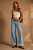 The Riviera Striped Wide Leg Cuffed Jean - Light Wash by Neon Spur