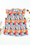 Pink Multicolor Abstract Print High Neck Flutter Sleeves Top