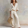Women's Casual Linen Vacation Set – Three-Quarter Sleeve Top & Full-Length Pants by FitiqueFit