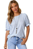 Light Blue Boho Floral Print Smocked Puff Sleeve Blouse